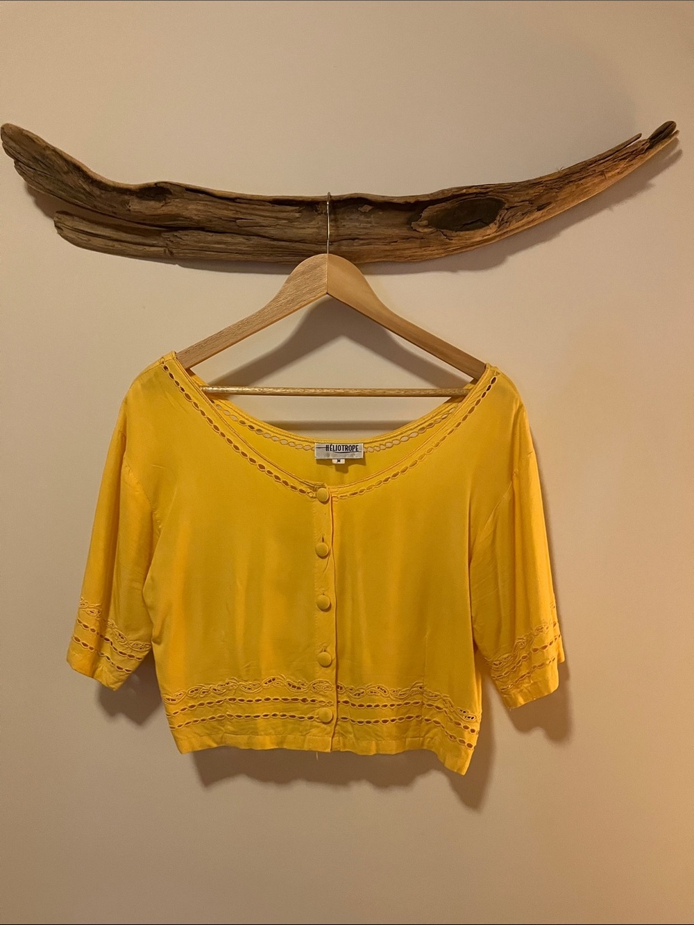 Boho Mellow Yellow Button-Front Cropped Top with Eyelet Trim